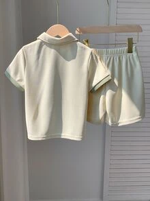 SHEIN Teen Boy Colorblock Short Sleeve Polo Shirt And Shorts Casual Daily Outfit - Apricot - View 2