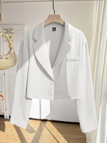 SHEIN EZwear Plus Size Casual Versatile White Cropped Thin Blazer Fall - White - View 7
