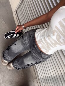 StreetHx Women's Fashion Casual Grunge Streetwear Distressed Vintage Retro Straight Leg Jeans Music Rave Dark Grey Going Out Fall - Grey - View 7