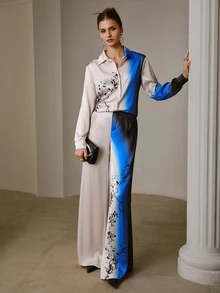 MOTF PREMIUM WOMEN'S GRADIENT PRINT LONG SLEEVE SHIRT AND WIDE LEG PANTS 2 PIECES SET - Apricot - View 6