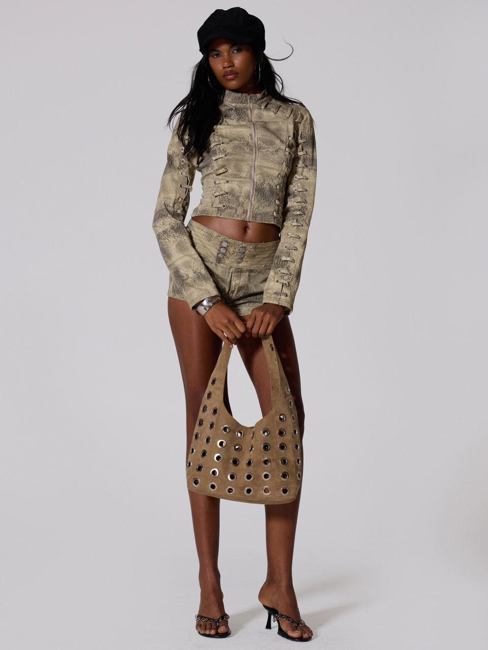 Denim Printed Eyelet Detail Jacket