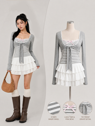 Elamini Women's Striped Patchwork Long Sleeve 2 In 1 Lace Collar Autumn Fashion Top, Slim Fit T-Shirt