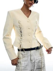 LYSMO Women's Solid Color V-Neck Tie Design Casual Daily Long Sleeve Jacket - Light Yellow - View 1