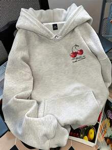 EMERY ROSE Plus-Size Women's Casual Sweatshirt With Front And Back Cherry Print - Light Grey - View 2