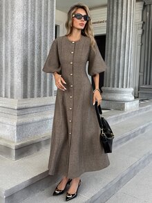 Pariaura New Vintage Long Sleeve Single-Breasted Loose Slimming Elegant Commute Herringbone Wool Long Dress - Multicolor - View 4