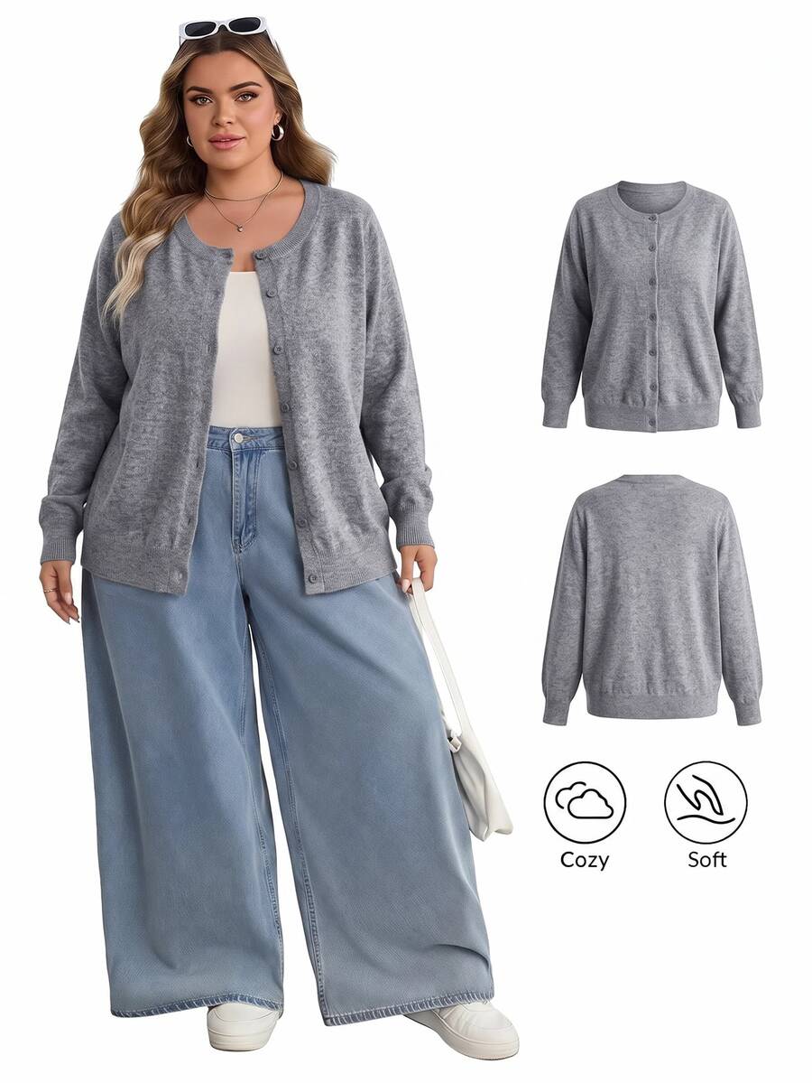 SHEIN CURVE+ 大尺碼休閒純色圓領長袖寬鬆女款冬季上衣 - 灰色 - 查看 1