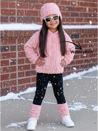 Young Girl Autumn/Winter Textured Plush Hooded Sweatshirt And Black Leggings 2 Pieces Set, Comfortable Long Sleeve, Suitable For Casual Daily Wear, School And Home Wear, Also Suitable For Christmas.