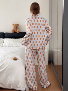 Napfluff طقم بيجامة نسائي مخطط برسمة رجل الزنجبيل مع ياقة وأكمام طويلة وبنطال - متعدد الألوان - مشاهدة 2