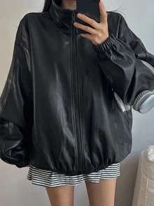 DAZY Women's Solid Color Zipper Casual Street Versatile Daily Travel Long Sleeve Leather Jacket Fall Winter Night Out Black - Grey - View 7