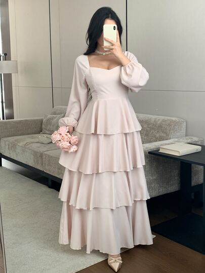 Celisse Vestido largo elegante para mujer con cuello corazón color albaricoque, mangas de pétalos y falda de capas estilo pastel
