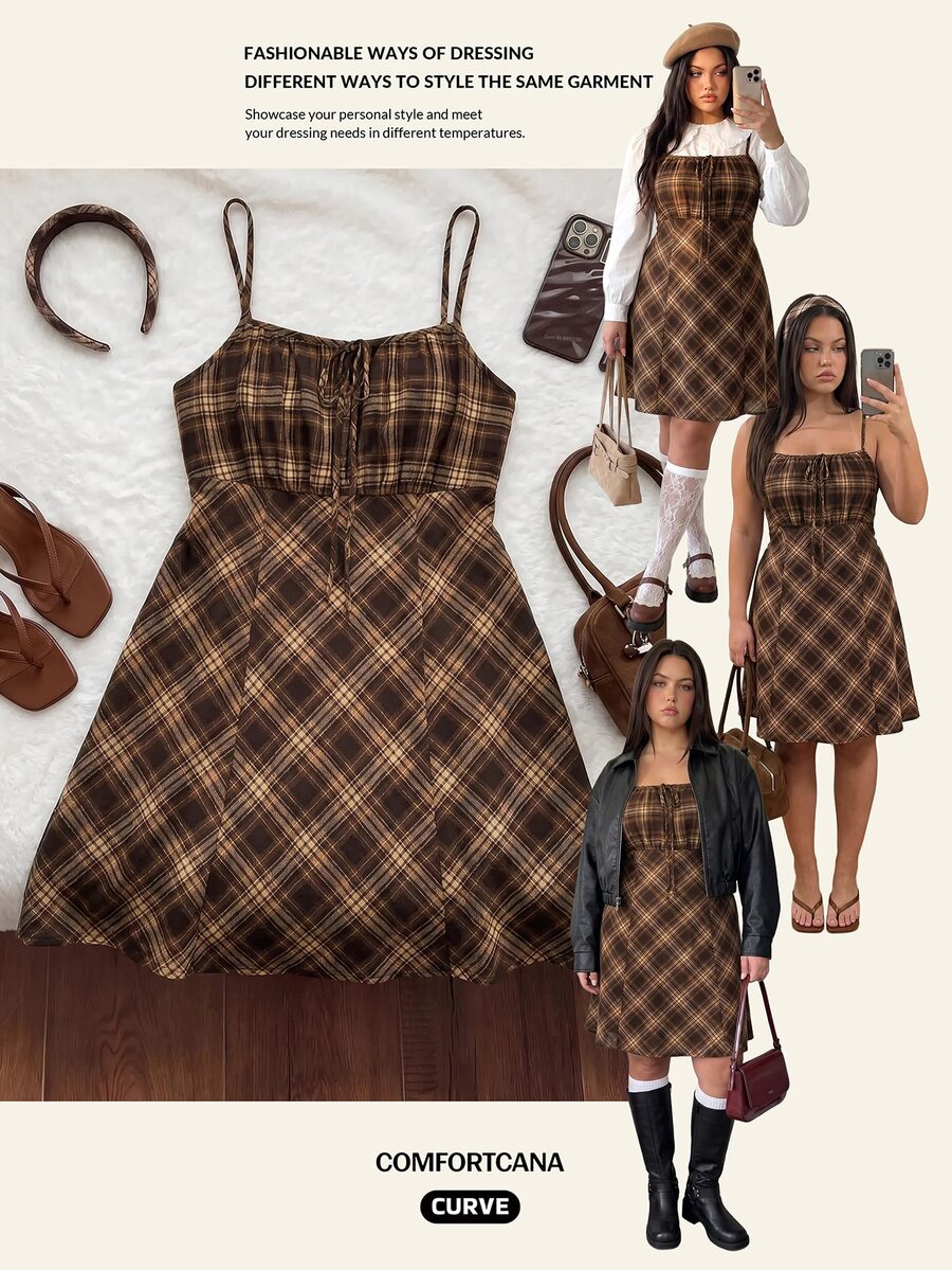 Comfortcana Plus Size Women's Plaid Casual Everyday Summer Spaghetti Strap Dress - Brown - View 1