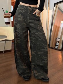 DAZY Celana Jeans Wanita Hitam Motif Kamuflase dengan Potongan Lurus Longgar, Model Street Casual, Musim Gugur - Hijau Tentara - View 5