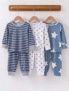 SHEIN 6件組男嬰時尚舒適藍灰色星星圖案長袖長褲居家休閒套裝 - 彩色 - 查看 3