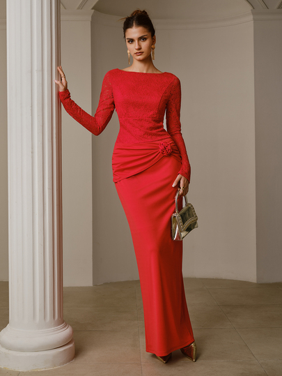 ZEYLAH Off-Shoulder Langarm-Kleid mit Spitzen-Patchwork