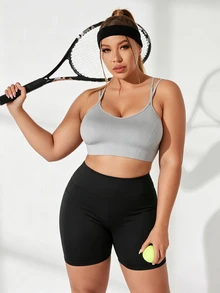SHEIN Sweetro Women's Plus Size Solid Color Pocket Casual Versatile Daily Travel Sports Shorts - Black - View 5