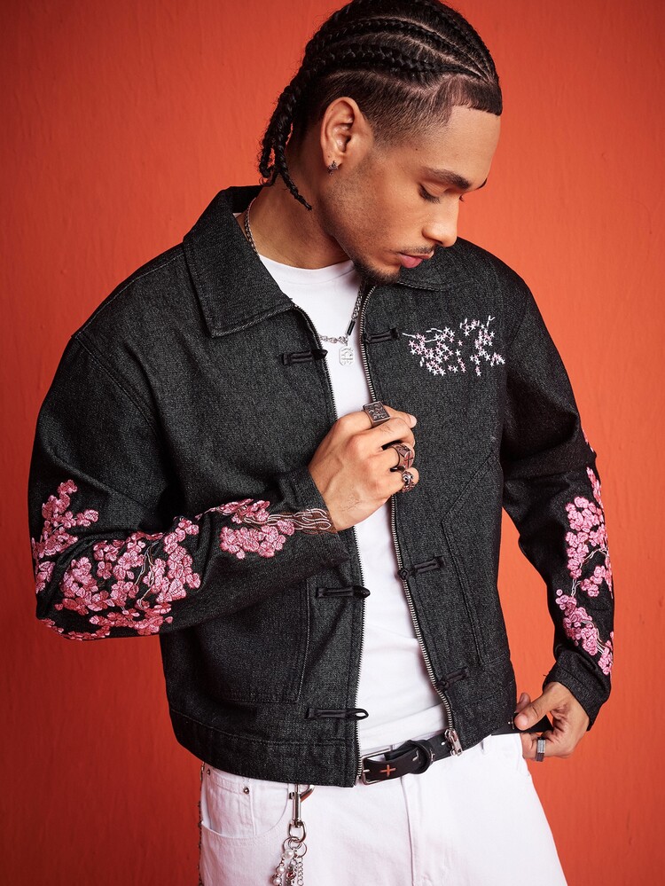ROMWE MEN Men's Floral Print Casual Daily Wear Denim Jacket - Black - View 8