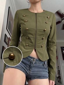 SHEIN EZwear 女款純色前拉鍊長袖拿破崙夾克 - 軍綠色 - 查看 1