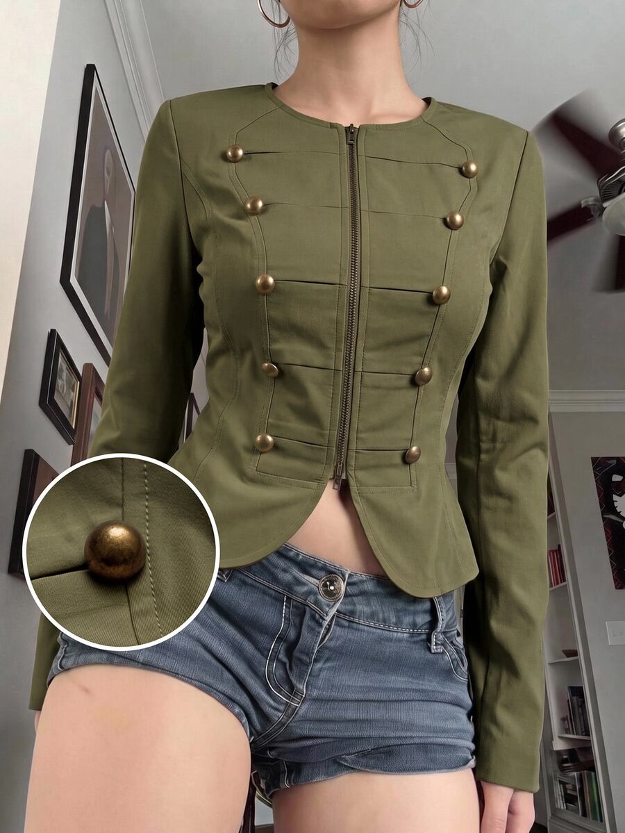 SHEIN EZwear 女款純色前拉鍊長袖拿破崙夾克 - 軍綠色 - 查看 1