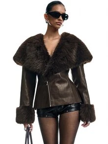 LYSMO Women's Plush Patchwork Fashion Versatile Daily Casual Jacket - Brown - View 6