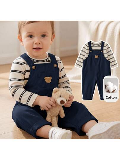 Loomiva Unisex Baby Boy Baby Girl Casual Fashion Striped Long Sleeve Knit T-Shirt Top Khaki Suspenders Long Pants Set, Cute Versatile, Suitable For Outings, Play, School, Holidays, Parties And Multiple Occasions