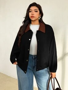 Auralis 大尺碼女款撞色翻領長袖單排扣休閒夾克 - 黑色 - 查看 3