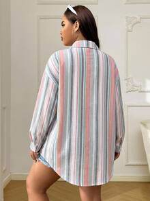 SHEIN EZwear 大尺碼女款條紋拼接休閒日常穿著襯衫 - 彩色 - 查看 2