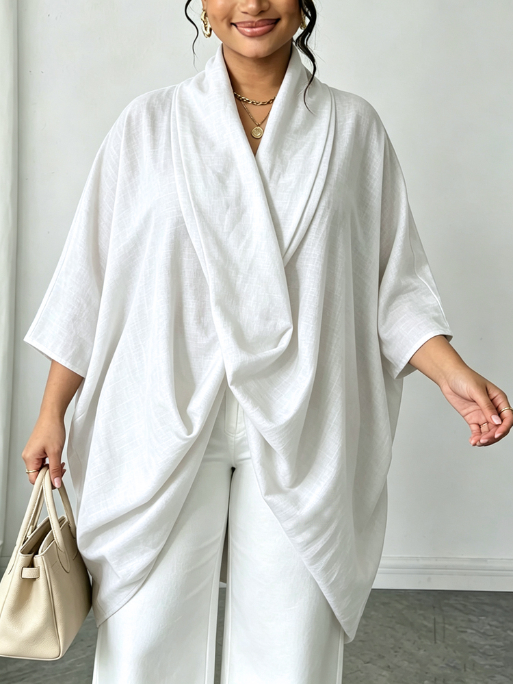 Lacomfia Cotton Linen Woven Loose Asymmetrical Design Casual Minimalist Elegant Plus Size Brown Shirt - White - View 6