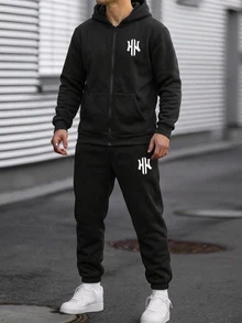 兒童 2 件組 青少年男孩休閒梭織緞帶秋季連帽拉鍊運動衫與運動長褲 - 黑色 - 查看 8