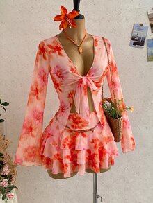 Soleia 女款春夏度假復古花卉與字母印花前綁帶長袖罩衫 + 迷你層次裙 2件套，休閒、約會、下午茶、海灘、郵輪、公路旅行、城市度假、音樂節、派對、嬉皮、日常通勤 - 粉色 - 查看 3