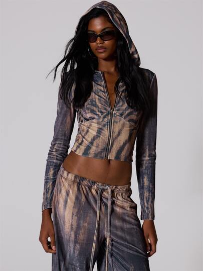 MUSERA Brown Printed Velour Zip Through Hoodie Summer Autumn Fall Winter  Going Out Festival Cool Girl Low Frequency