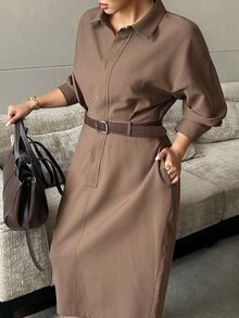Dazy Plus Elegant High Waist Fashion Casual French Vintage Niche Design Single-Breasted Lapel Dress - Brown - View 4
