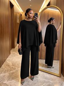 SHEIN Lady Plus Size Elegant Party Cape Sleeve Top And Pants 2 Pieces Set - Black - View 5