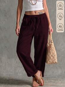 SHEIN Holidaya Casual Vacation Style Solid Color Long Pants - Red - View 4