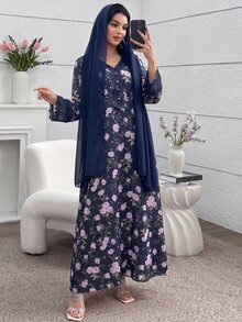 Yasmyna V領雪紡蕾絲拼接粉色花卉印花洋裝附頭巾 - 藏蓝色 - 查看 2