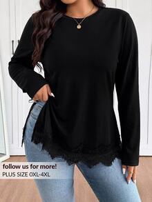 SHEIN Frenchy Plus Size Women's Crew Neck Knitted Striped T-Shirt With Side Slit Design, Comfortable Casual Plus Size T-Shirt - Black - View 5