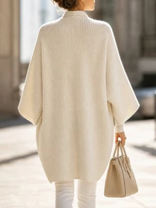 SHEIN Fall Lazy French Style Open Front Waffle Knit Midi Cardigan, Oversized Lantern Sleeve Loose Mid-Leng - Beige - View 2