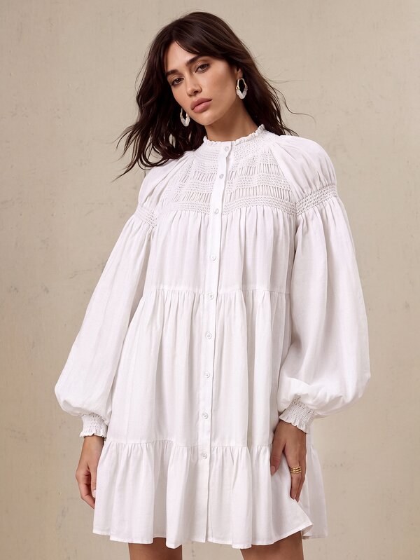 CielaLinda Vestido mini de camisa con mangas globo blanco para mujer, vestido bohemio de vacaciones, vestido fluido de resort y vacaciones