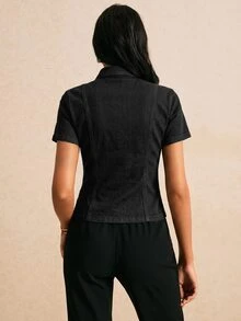 Poéselle Women's Fashion Double-Breasted Short Sleeve Denim Top - Black - View 2