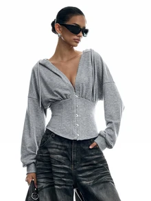 LYSMO Women's Drop Shoulder Long Sleeve Front Button Sweatshirt, Style - Grey - View 6