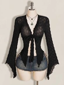 SHEIN ICON Y2K 棕色秋季不對稱下擺喇叭袖復古植絨網紗透視前開襟女款上衣 - 黑色 - 查看 3