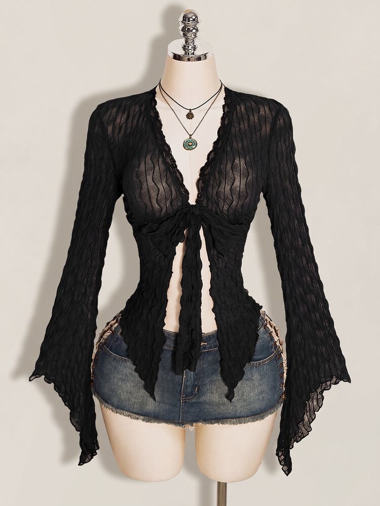 SHEIN ICON Y2k Brown Fall Asymmetrical Hem Bell Sleeve Vintage Flocked Mesh Sheer Open Front Women's Top - Black - View 3
