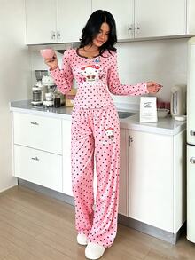 ZzzCrew HELLO KITTY AND FRIENDS | SHEIN Co-Branded Damen-Pyjama-Set mit Polka-Dot-Muster, Kontrastspitze, lässig - Pink - Übersicht 4