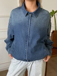 DAZY Women's Distressed Washed Faded Loose Zipper Lapel Long Sleeve Casual Street Vacation Autumn/Winter Denim Jacket And Coat - Blue - View 6