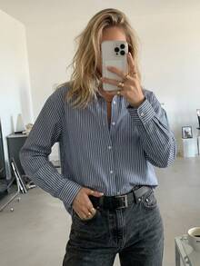 DAZY 女款條紋休閒百搭日常長袖襯衫 - 藍色 - 查看 3