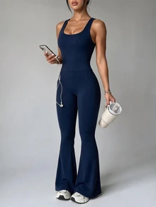 Dewbera Dewbera Women's Solid Color Casual Daily Outdoor Sports Jumpsuit - Navy Blue - View 3