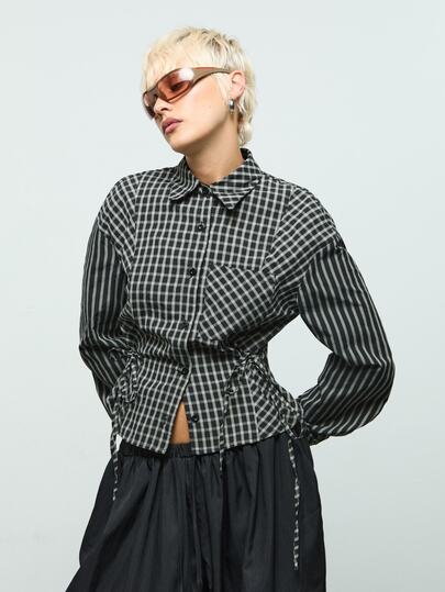 COUREZ Tie Side Cinched Waist Check Shirt