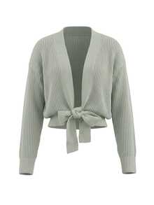 Balvessa Vertical Ribbed Texture Deep V Open Front Dropped Shoulder Ribbed Cuff Long Sleeve Side Slit Front Tie Knot Cropped Casual Women's Cardigan - Green - View 3