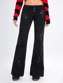 ROMWE Grunge Punk Indie Sleaze Hedi Youth Punk Cross PU Patch Embroidery Skinny Straight Leg Jeans For Women - Black - View 4