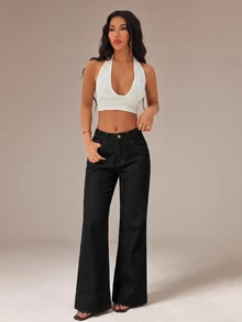 SHEIN PETITE 女款時尚鈕扣口袋喇叭牛仔褲 - 黑色 - 查看 4
