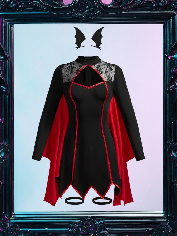Fantasy Costume Fantasy Costume 5件組女性萬聖節服裝，拼色蝙蝠披肩女老闆女僕造型，迷人可穿戴，適用Cosplay、化裝舞會、酒吧派對、夜店穿搭，大尺碼 - 黑色 - 查看 6